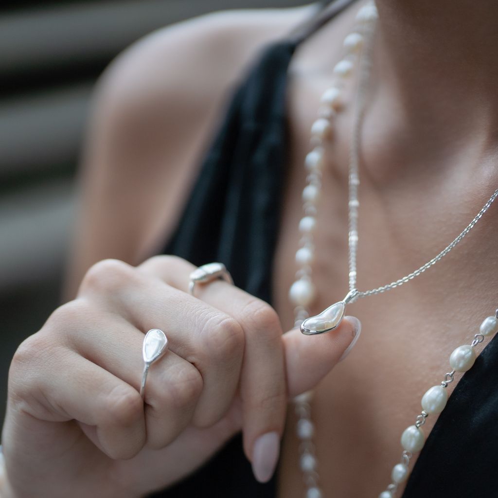 Biwa Pearl Chain | Sterling Silver Pendant | Mala Elements