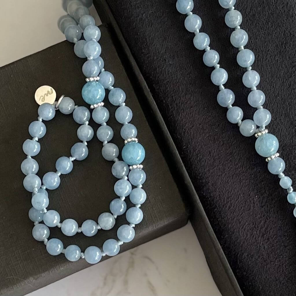 Aquamarine Bead Necklace | 33 Bead Bracelet | Mala Elements