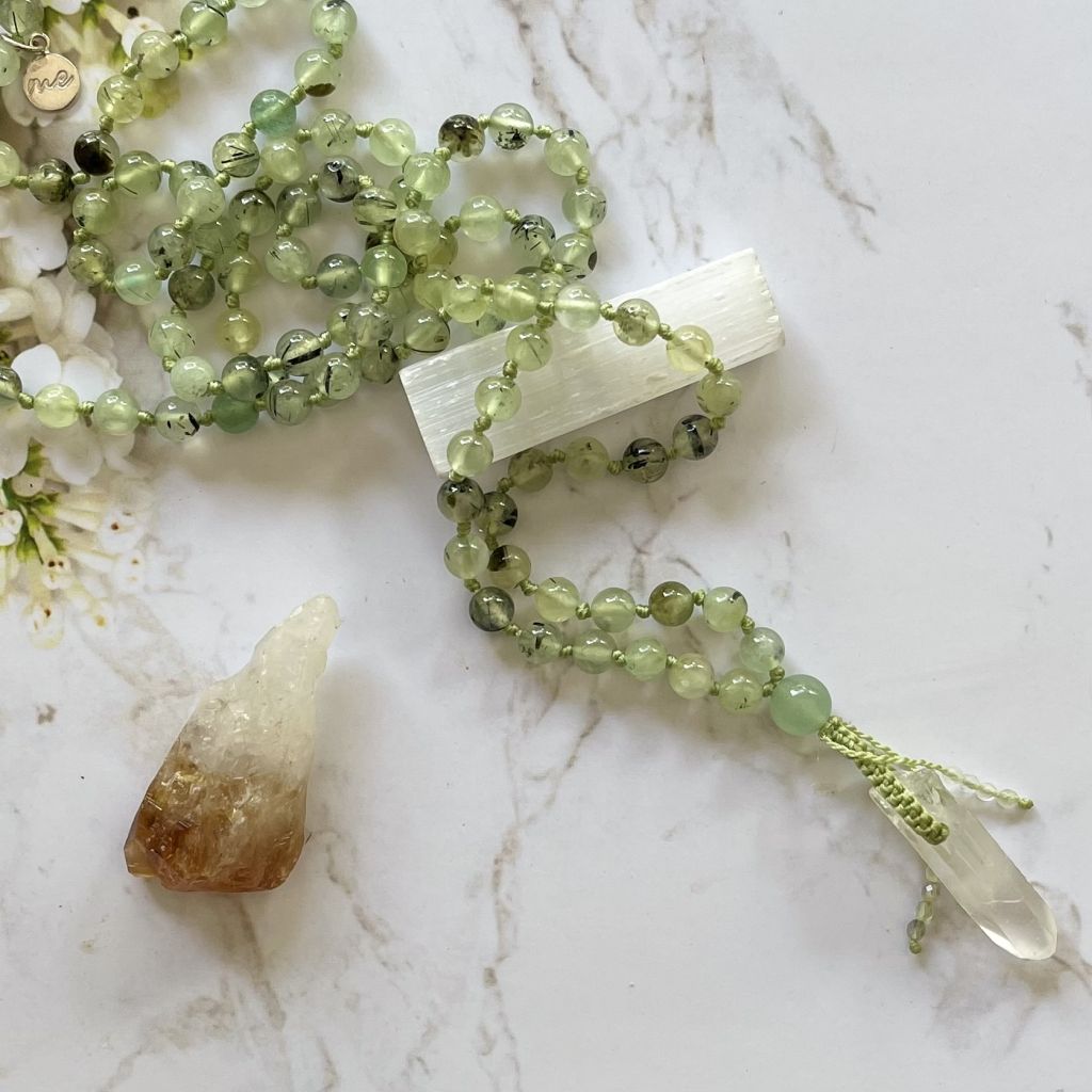 Prehnite and Clear Quartz Necklace | Mala Elements