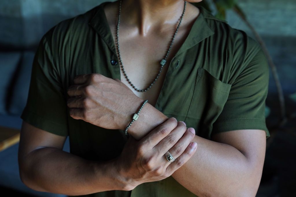 mala elements mens jewellery pyrite necklace