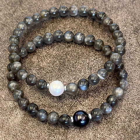 Black Moonstone and Pearl Bracelets | Mala Elements