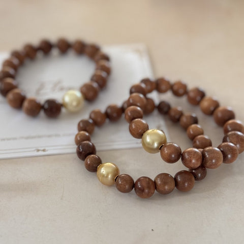 Ella Gold South Sea Pearl & Wood bracelets