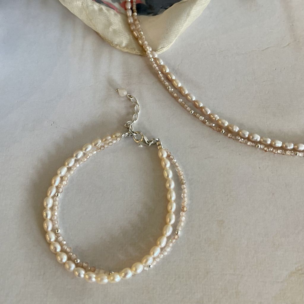 Zircon Strand Bracelet | Pearl and Peach Bracelet | Mala Elements