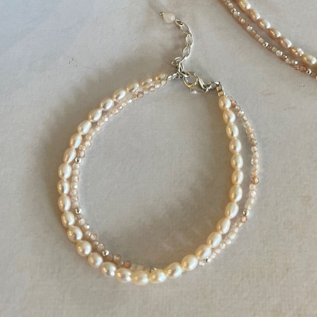 Zircon Strand Bracelet | Pearl and Peach Bracelet | Mala Elements