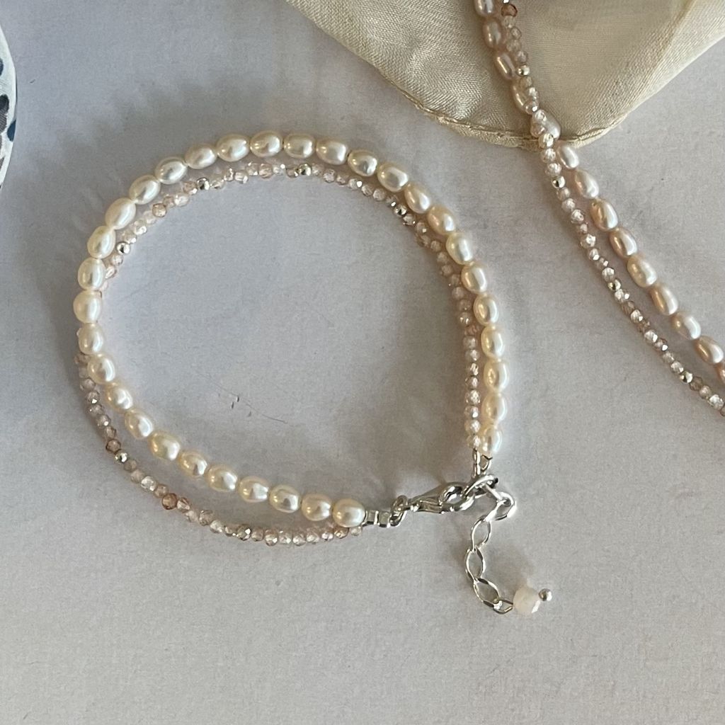 Zircon Strand Bracelet | Pearl and Peach Bracelet | Mala Elements