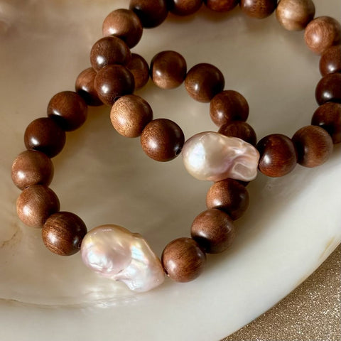 Pink Baroque Pearl & Wood Bracelet