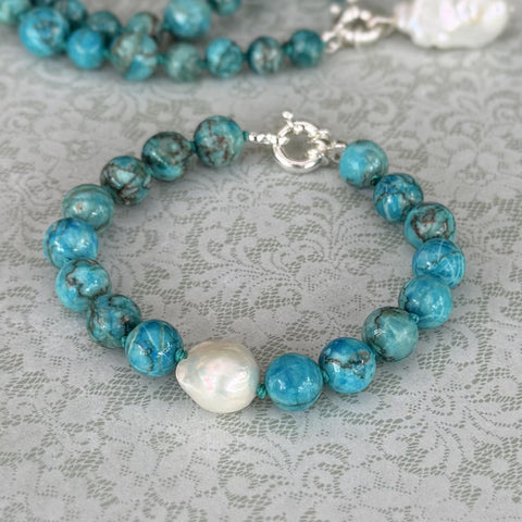 Turquoise & Semi Baroque Pearl Bracelet with Clasp