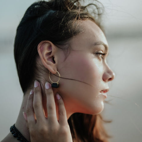 Raw Black Tourmaline Hoop Earrings