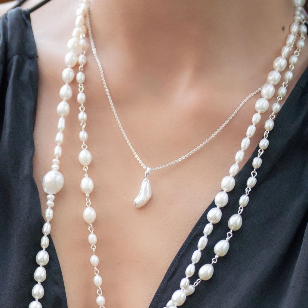 Biwa Pearl Chain | Sterling Silver Pendant | Mala Elements