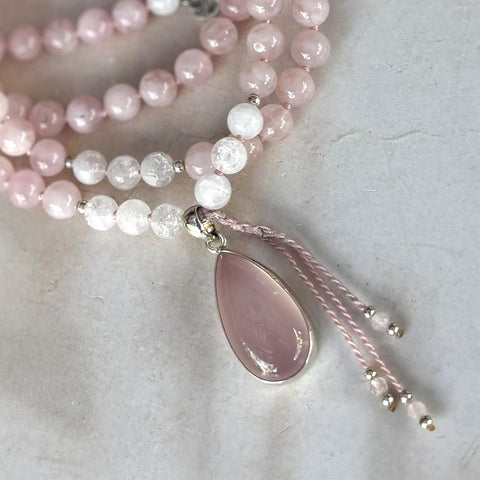 Rose Quartz & Clear Quartz 108 Bead Mala Necklace – Higher Love