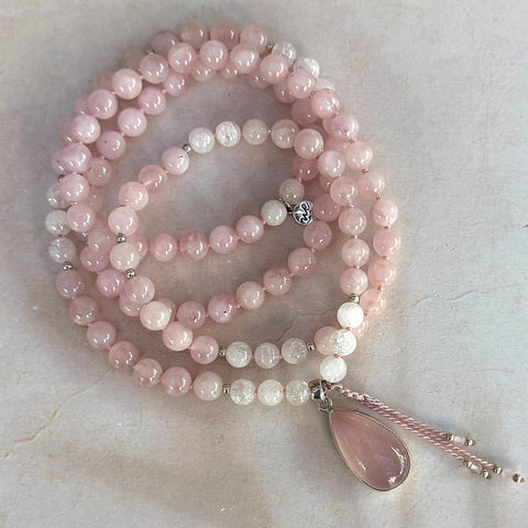 Rose Quartz & Clear Quartz 108 Bead Mala Necklace – Higher Love