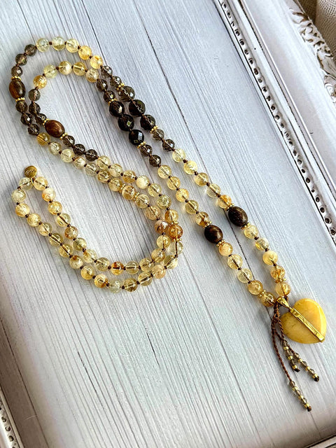 Citrine and Smoky Quartz 108 Bead Mala Necklace - Radiant ME