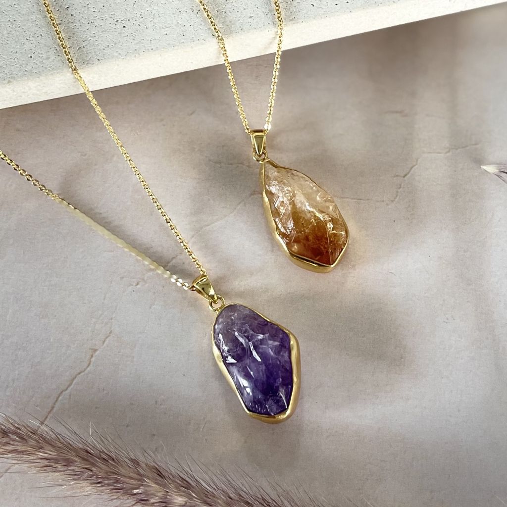 Amethyst Crystal Pendants | Citrine and Amethyst Chain | Mala Elements