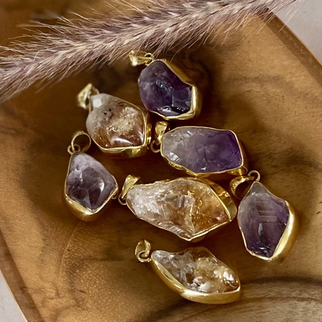 Amethyst Crystal Pendants | Citrine and Amethyst Chain | Mala Elements