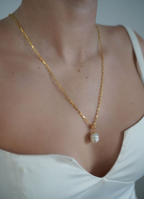 White South Sea Pearls | Gold Rectangle Link Chain | Mala Elements