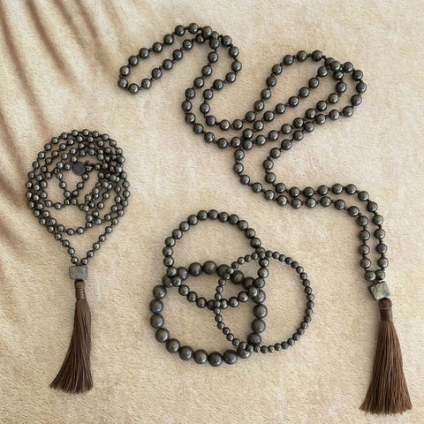 Women's Pearl Necklace | Pyrite Tassel Mala | Mala Elements