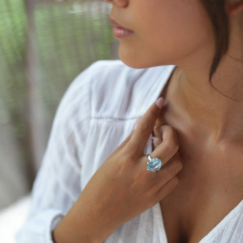 Large Blue Topaz Ring Cocktail Ring