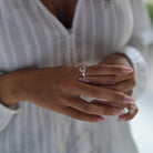 Woman wearing a large round White Topaz solitaire ring in sterling silver