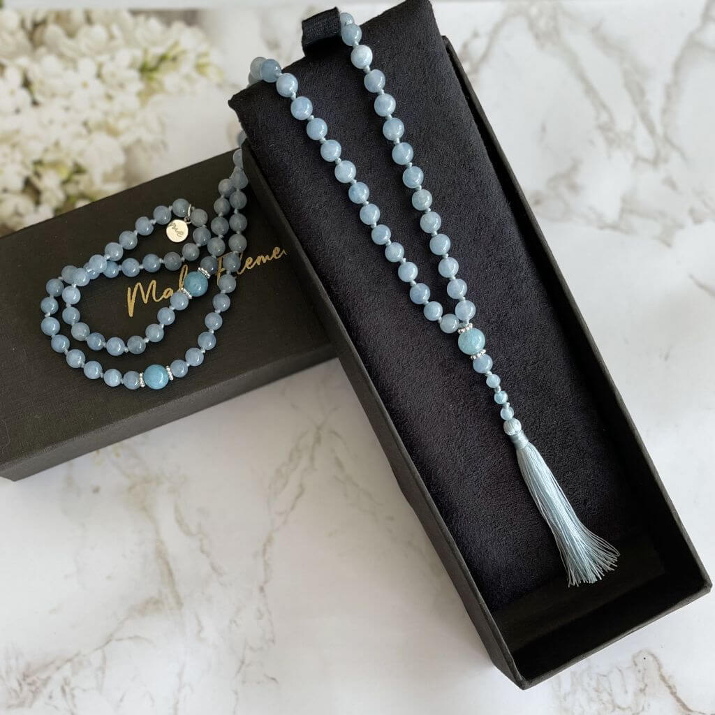 Aquamarine Bead Necklace | 33 Bead Bracelet | Mala Elements